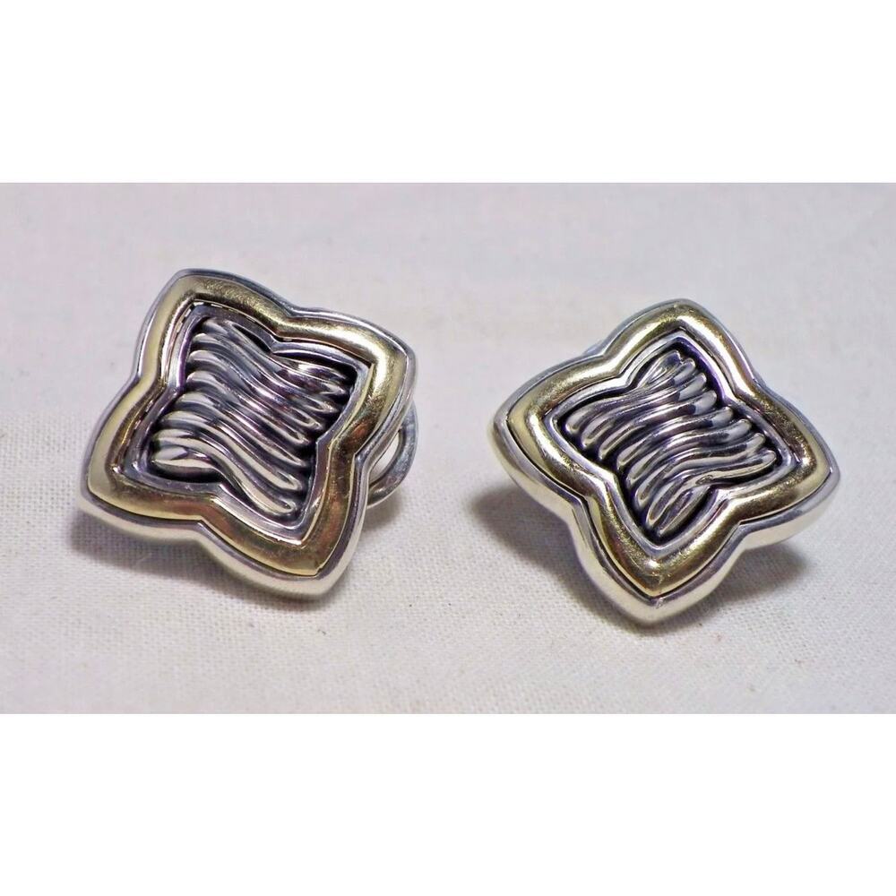 Authentic David Yurman Sterling Silver & 18K Gold Quatrefoil Stud Earrings NWB